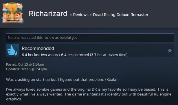 Image from the Dead Rising Deluxe Remastered article, based on Steam reviews